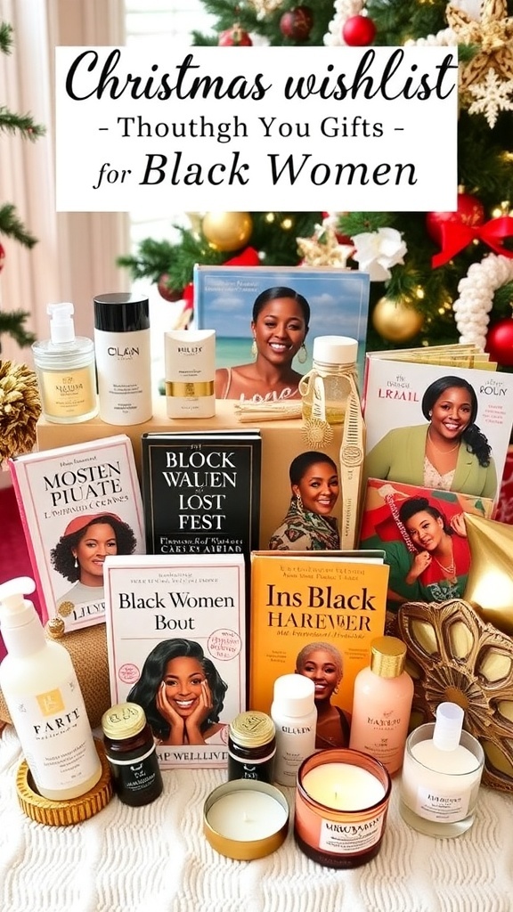 A festive Christmas wishlist showcasing gifts for Black women, including skincare, books, accessories, and self-care items.